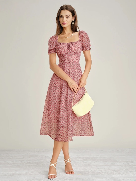 RIHOAS Dresses & Skirts - Rihoas Pink Square Neck Floral Chiffon Midi Dress